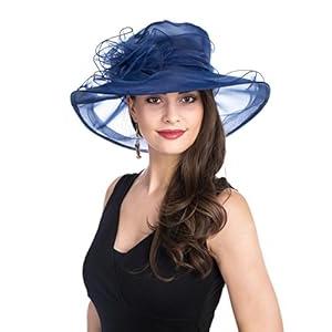 Lucky Leaf Women Lady Kentucky Derby Church Beach Fascinators Hat Wide Floral Brim Flat Hat with Bowknot (Navy)