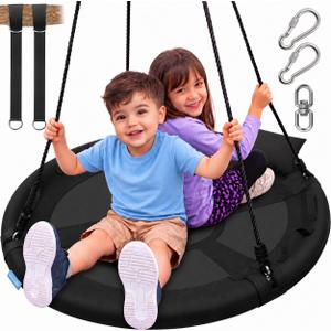 SereneLife Saucer Swing with Tree Hang Kit, 40 Outdoor Tree Swing, 2 Adjustable Hanging Rope Straps and Center Swivel Spinner for Kids (Black)