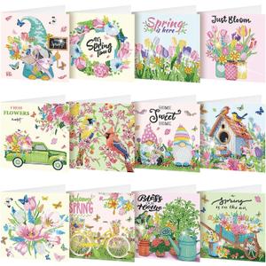 Saillong 12 Pack Spring Diamond Painting Greeting Card Kits Easter Diamond Art Cards with Envelopes Gnome Tulips Flowers 5d Rhinestones Painting Kits for Adults DIY Crafts Family Friend Spring Gifts