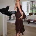 Women's Sexy Strapless Mesh Maxi Dress Tube Top Midi Dresses Wedding Guest Party Cocktail (Medium, Brown)