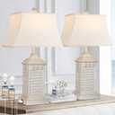 Hamucd Coastal Table Lamps Set of 2, Beach Living Lamps for Bedroom with USB A+C, Washed White Modern Resin LED 3-Color Temperature Bedside Nautical Decor, Nightstand Tropical Lamps for End Table.