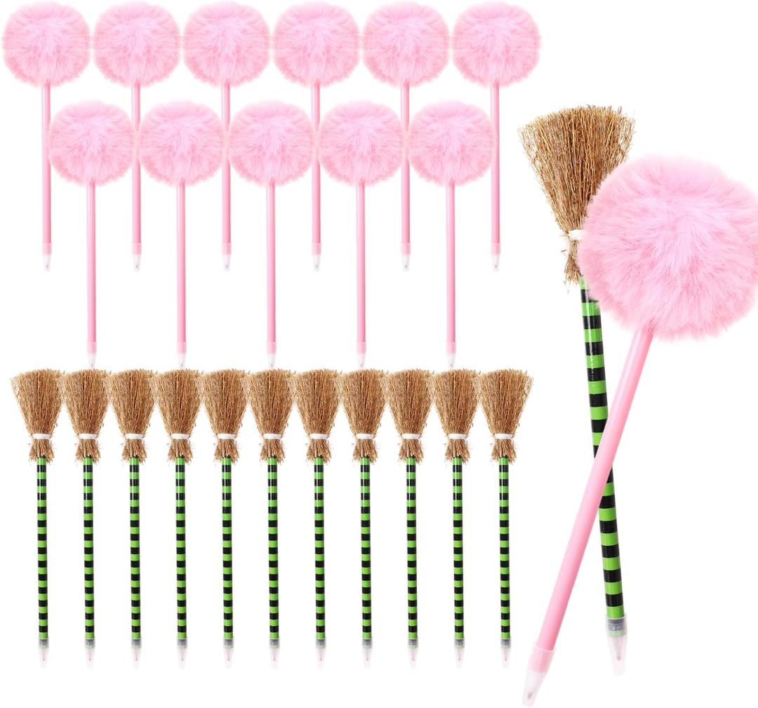 Motthjcw 24 Pack Halloween Witch Pens, Princess and Witch Party Favors, Witch Party Decorations, Fluffy Pink Pom Puff Ballpoints & Striped Witch Broom Ballpoints, Cute Pens Pink Office Supplies