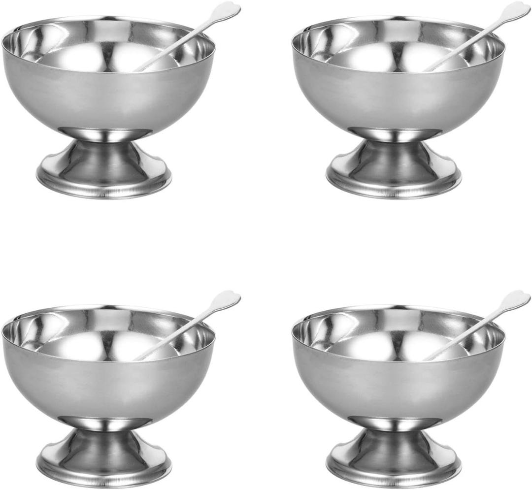 Stainless Steel Dessert Cups with Spoons: Metal Ice Cream Bowls and Spoons Set for Dessert, Sundae, Ice Cream, Fruit, Salad, Snack, Cocktail, Condiment (4), 9cm x 6.5cm