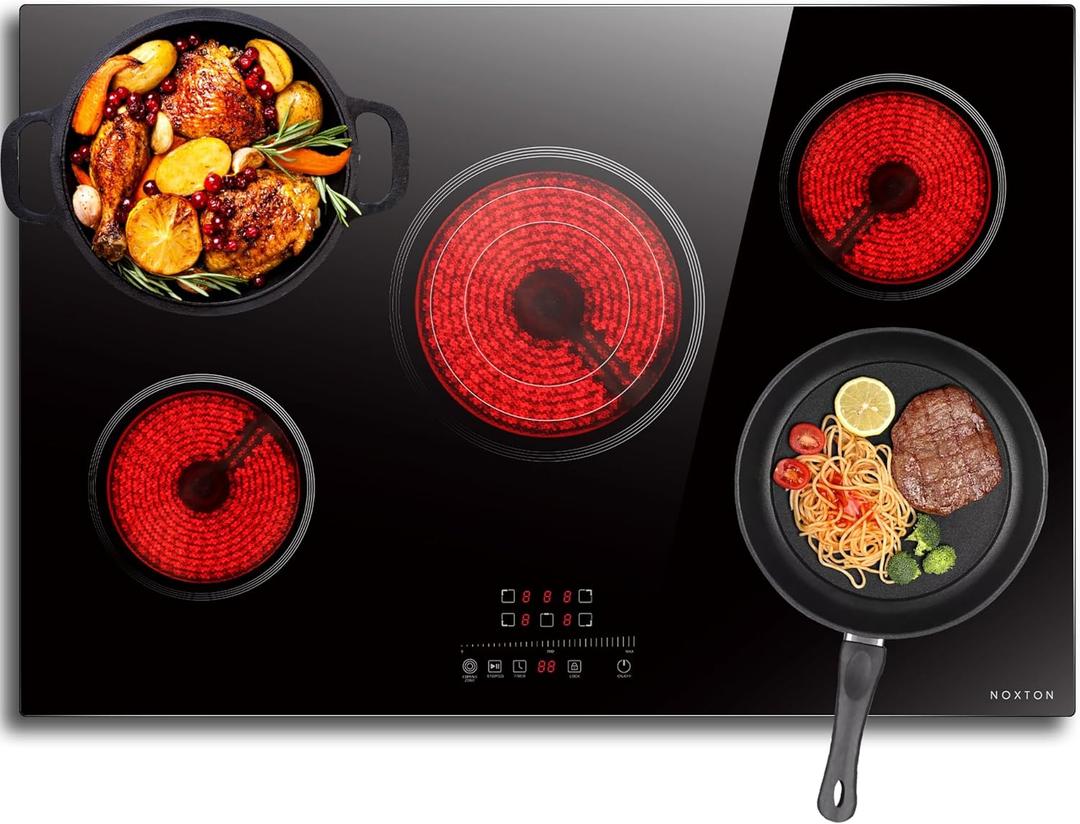 Noxton 30 Inch Electric Cooktop, 5 Burners Electric Stovetop, Built-in Glass Cooktop, 9 Power Level, Pause, Timer, Child Safety Lock, Triple Ring, 220-240V Hardwire(NO plug)