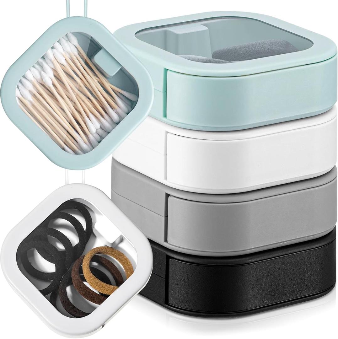 Kathfly 4 Pcs Assorted Colors Hair Tie Organizer Portable Hair Accessory Storage Containers Stackable Tie Bobby Pin Holder Home Cotton Swab Dispenser Accessories Jewelry Organizer Box