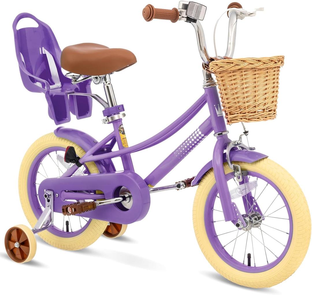 Glaf Toddler Girls Bike for 2-12 Years Old 12 14 16 20 Inch Girls Bike with Training Wheels and Baby Doll Seat Kids Bike Bicycle with Adjustable Seat Handlebar (Purple)