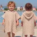 Frienda Muslin Hooded Beach Towel for Kids 0-3 Years Soft Muslin Bath Poncho for Baby Absorbent Fast Drying Blankets for Boys Girls Newborns Toddler Beach Pool Bath Essentials (Checkered, Brown, White)