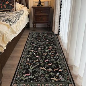 Washable Hallway Runner Rug 2' 6' Black Boho Rug Animal Botany Floral Non-Slip Soft Colorful Oriental Vintage Long Cheetah Flamingo Deer Carpet Kitchen Entryway Bedroom Corridors Indoor
