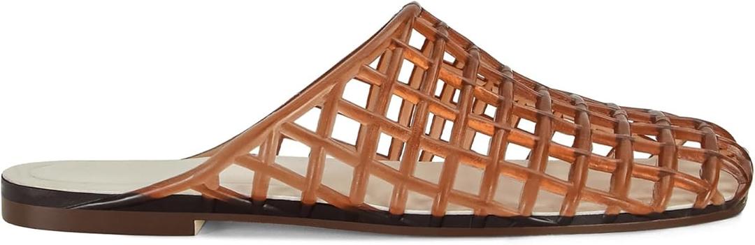 MAIJED Clear Jelly Flats for Women Closed Toe Mesh Hollow Jellies Mule Sandals Slip On Jelly Slides Casual Comfortable Summer Beach Slipper Sandals Brown US7