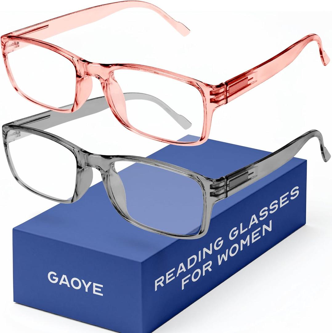 Gaoye 2-Pack of Reading Glasses - Blue-Light Filter, UV Protection - Readers with Rectangle Frames (Grey + Pink)