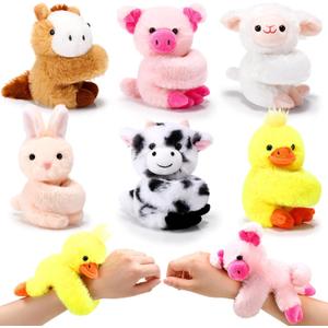 Gemscream 6 Pcs Stuffed Animal Slap Bracelets for Kids, 8 Inch Small Classroom Prizes Toy, Animal Wrist Cute Snap Bracelets Birthday Gifts for Boys and Girls Pet Adoption Party Favors(Farm Animals)