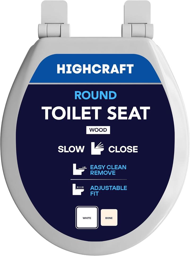 HIGHCRAFT Premium Round Toilet Seat with Slow-Close Design, Adjustable Hinges & Quick Removal Mechanism - Molded Wood Toilet Seat - Fits Standard Round Toilets - Toilet Seat in White