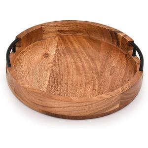 Tray Acacia Wood Round Serving Tray with Iron Handles for Coffee Table Decor Centerpiece Kitchen Counter (12" X 12" X 1.6")