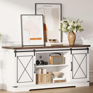 IDEALHOUSE Farmhouse TV Stand and Entertainment Center for Tv up to 65 inches with Sliding Barn Doors, Tv Media Console Table with Storage Cabinet for Living Room, White & Brown