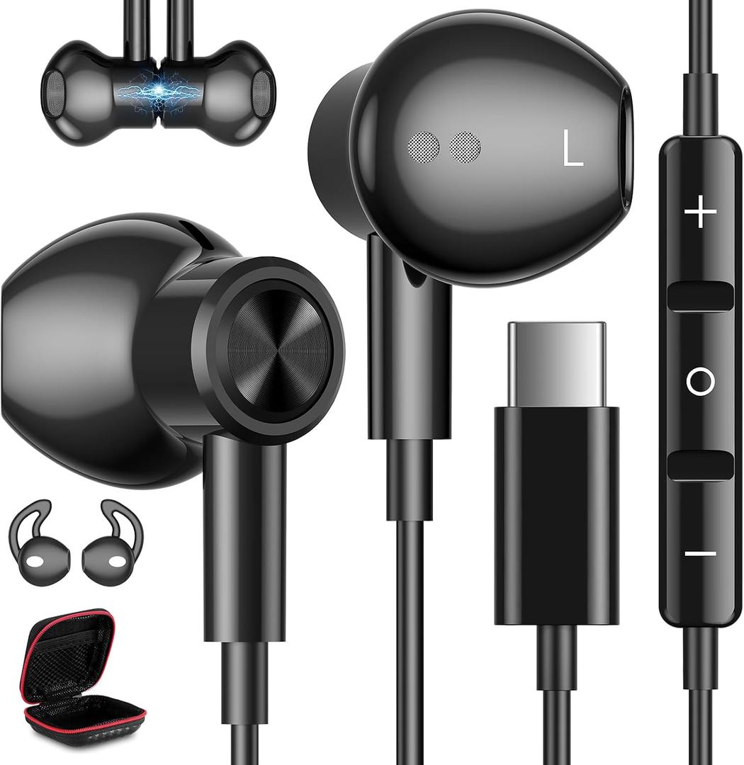 USB C Headphones for Samsung S26 S24+ S25 Ultra 23, Type C Earphones with Microphone Magnetic Volume Control HiFi Stereo Wired Earbuds for iPhone 17 Pro Max Air 16/Galaxy A53 S22 S21 FE Fold/Pixel 10