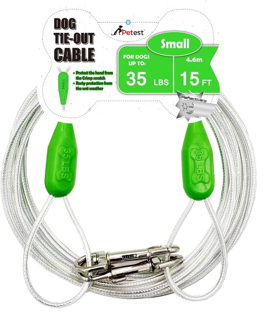 Petest 15ft Reflective Tie-Out Cable for Small Dogs Up to 35 Pounds (Green & Silver)