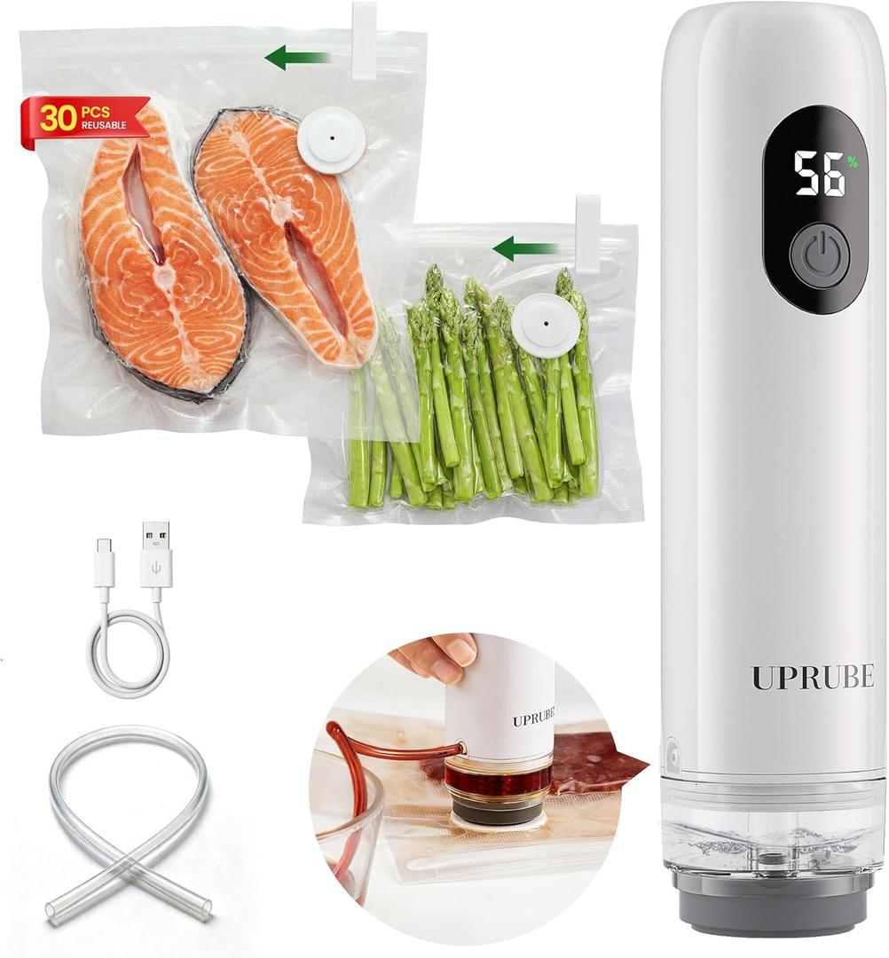 Compact Vacuum Sealer for Food (Vacuum Sealer Machine + 30 Reusable Vacuum Bags), Powerful Handheld Food Vacuum Sealer Machine with LED Display & Liquid Drainage Tube, Portable Food Sealer