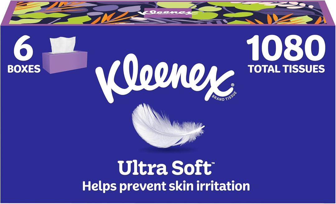 Kleenex Ultra Soft Facial Tissues, 6 Flat Boxes, 180 Tissues per Box, 3-Ply (1080 Total)