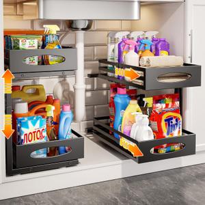 mixeshop Under Sink Organizer, 2 Tier Under Sink Organizers and Storage, Adjustable Height, Slide out Metal Cabinet Organizers, Pull out Cabinet Storage Drawer Shelf for Kitchen Bathroom Black 2Pack