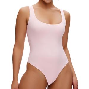 NANJI Sleeveless Tank Bodysuit for Women - Slim Fit Scoop Neck Thong Body Suit, Stretch Double Lined Tops Casual Going Out (L)