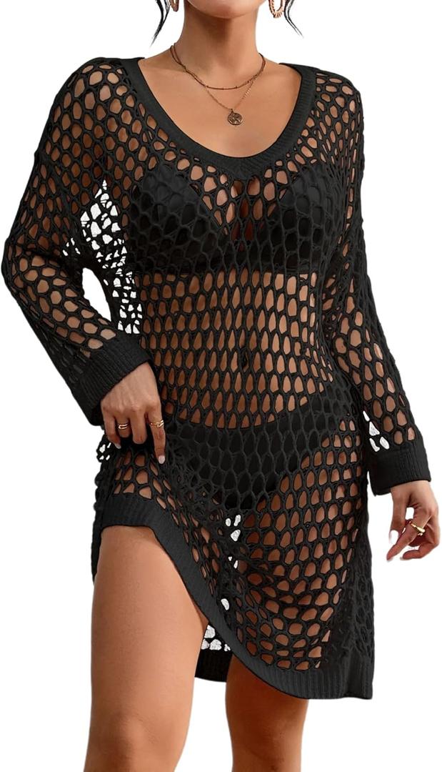 Bsubseach Crochet Swimsuit Coverup for Women Long Sleeve Beach Dress Coverups Sheer Knit Beachwear Vacation Outfits Black S