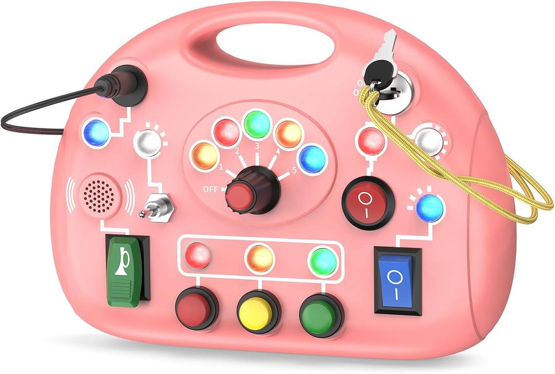 Montessori Busy Board with LED Light for Toddlers 2-4 Year Old, Sensory Toys with Sounds & Switches, Car Driving Travel Toys for Kids, Preschool Busy Book Boy and Girls Birthday Gifts (Pink)