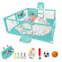 Playpen for Babies and Toddlers,73"x71"Baby Playpen with Mat IndoorOutdoor with Breathable Play Pen with Ocean Balls Hanging Pocket Basketball Hoop and Football Goal (Green, 73"x71")