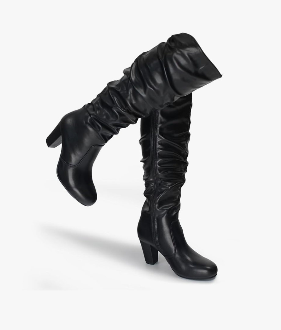 Hawkwell Women's Black White Fall Winter Chunky High-heel Side Zip Knee High Boots Size 6 1/2