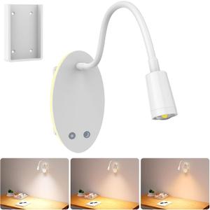 Rechargeable Cordless Reading Light, 360 Adjustable Bedside Lamp, 3 Color Stepless Dimming Night Light, 40H Runtime with Eye-Care, Memory Function, USB Output, Wall-Mounted & Detachable(1pc)