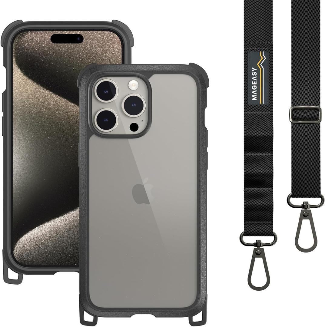 MAGEASY Case with Strap for Phone 15 Pro Max - Heavy Duty 16ft Drop Protection, Premium 6.7" Crossbody Case with Lanyard for Around The Neck - Odyssey + Strap | Embedded Leather Frame