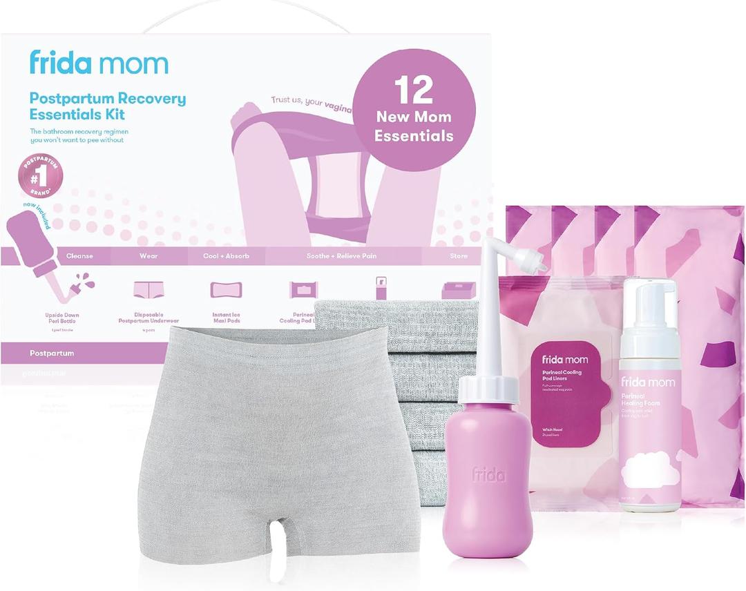Frida 12pc Postpartum Essentials Kit, Hospital Bag Basics for New Mom | Disposable Underwear, Ice Maxi Pads, Perineal Healing Foam, 24 Pad Liners & Peri Bottle for New Moms, Size: Large