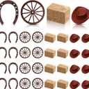 Junkin 32 Pieces Western Party Decorations 8 Mini Horseshoes 8 Simulated Haystack 8 Brown Miniature Cowboy Hats 8 Wooden Wheels for Cowboy Cowgirls Vintage Western Horseshoe Derby Party Supplies