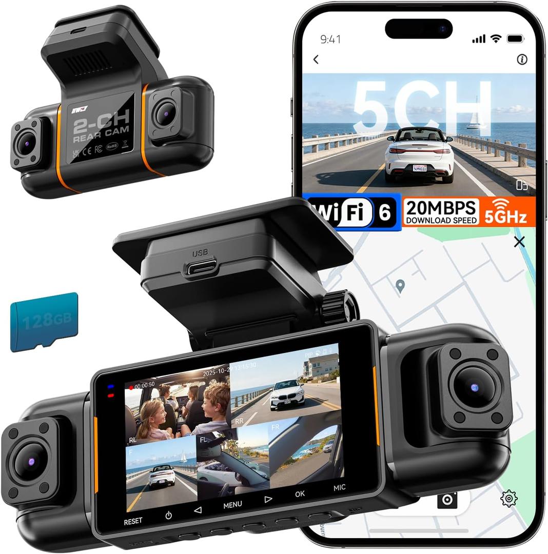 IIWEY N9 5 Channel Dash Cam 360 View, 5.8G WiFi-6 with App, Free 128GB Card, FHD Front & Rear Inside, Left, Right Dash Camera for Car, 12 IR Lights Night Vision, GPS, 24/7 Parking Mode, G-Sensor