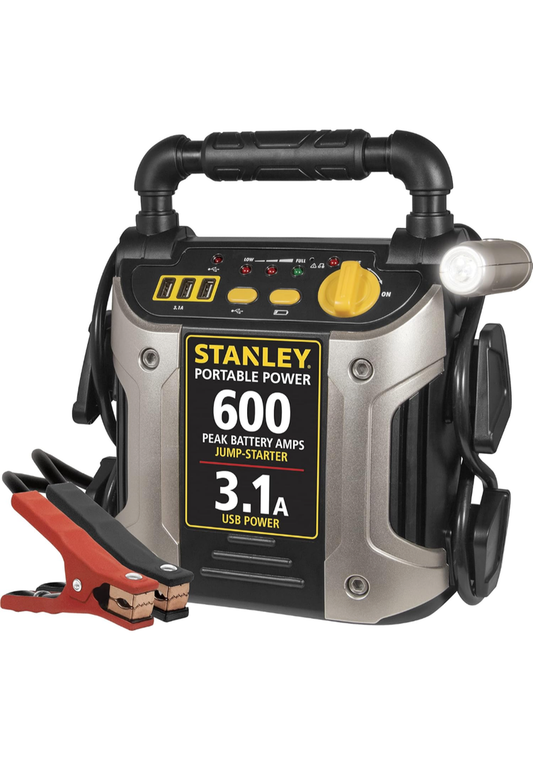 STANLEY J309 Portable Power Station Jump Starter 600 Peak Amp Battery Booster, 3.1A USB Ports, Battery Clamps