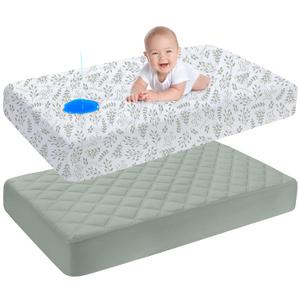 Yoofoss Waterproof Crib Mattress Protector 2 Pack, Quilted Crib Mattress Pad Cover Ultra Soft and Breathable, Machine Washable Toddler Mattress Protector for Standard Baby Crib Size 52''x28'' (Green & Leaves)