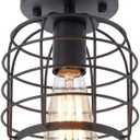 Create For Life Industrial Vintage Flush Mount Ceiling Light,Rustic Metal Cage Pendant Lighting Lamp Fixture for Hallway Stairway Kitchen Garage, E26, Black Painting Finish
