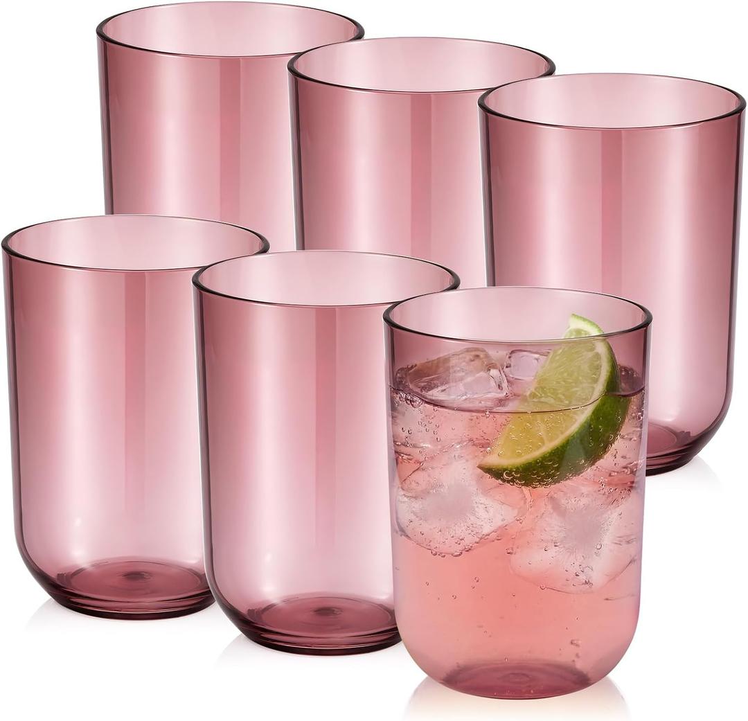 Ziliny 9oz Unbreakable Plastic Stemless Wine Glasses Set of 6, All Purpose Cups, Reusable Plastic Drinking Cups for Outdoor Use, Poolside, Party, Camp, Weddings, Daily Use(Pink)