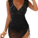 ANRABESS Women One Piece Swimsuits Tummy Control Ruffled Bathing Suit V Neck Mesh Sheer Swim Dress Beach Vacation Swimwear (Black, XL)