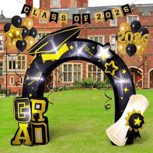 8ft Graduation Inflatables Arch Decorations Outdoor Yard Black Gold Graduation Blow up Decor Congrats Grad Inflatables with Cap LED Lights for Class of 2026 High School College Prom Party