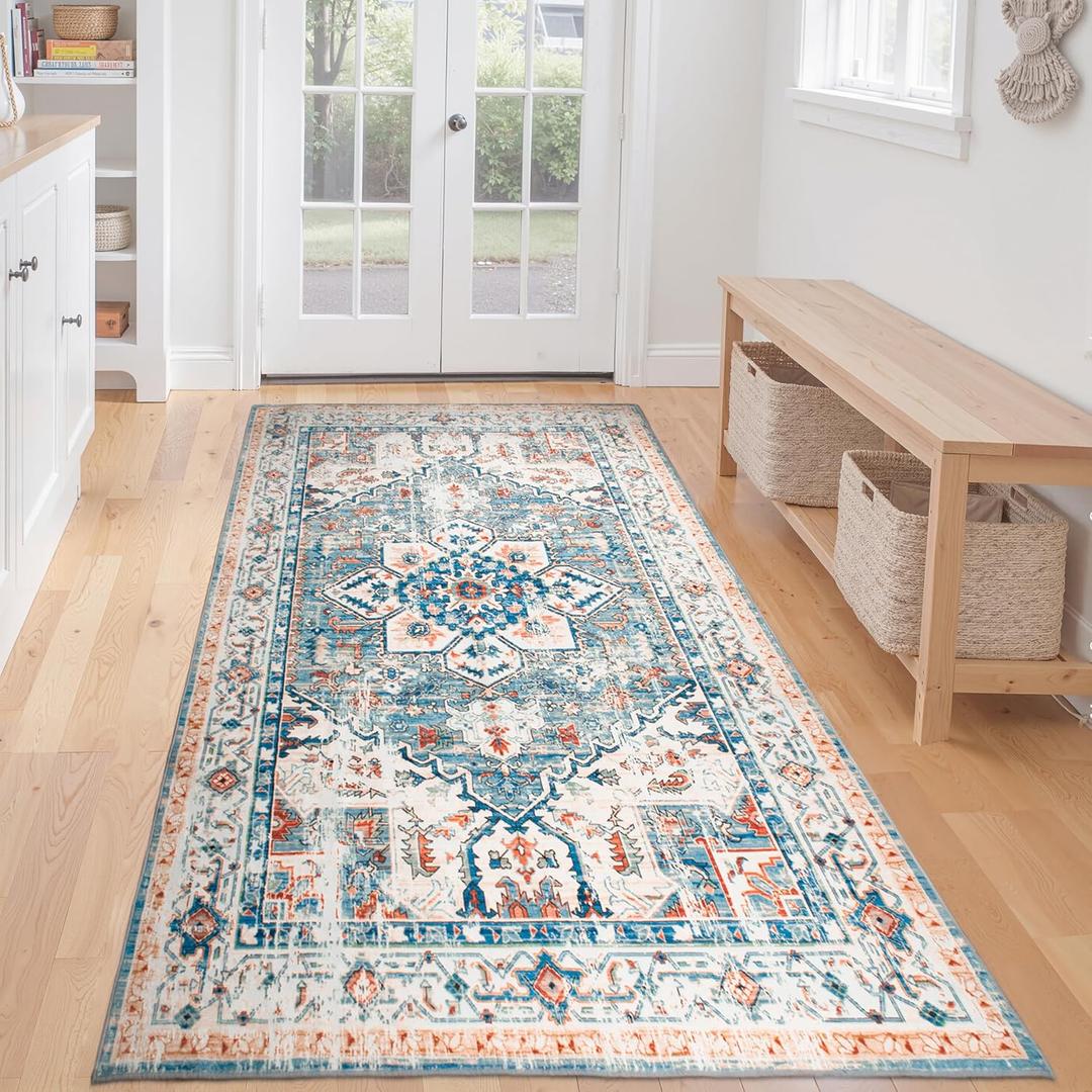 Area Rug 2x6 Hallway Runner Rugs,Non Slip Machine Washable Hallway Runner Rug Soft Bedroom Rug, Low PileLightweight Rugs for Entryway, Hallway, Kitchen and Corridor (Azure Ember)