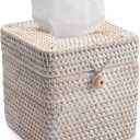 Rattan Tissue Box Cover Natural Woven Facial Napkin Holder Square with Lid 5.7 x 5.7 x 5.5 Inch (White)