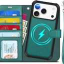 TUCCH 2-in-1 Removable Case Wallet for iPhone 17 Pro (6.3") 2025, Detachable Wrist Strap, 4 Card Holders RFID Blocking, Wireless Charging, Stand, Magnetic, PU Leather Shockproof Cover, Bluish Green