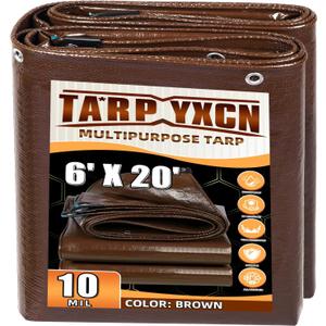 Brown Tarp 6x20 Feet, 10 Mil Thick Waterproof Poly Tarps Cover UV Resistant, Rip & Tear Proof with Metal Grommets Every 20 Inches