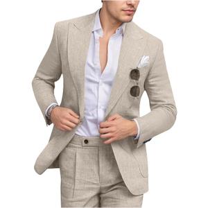 Men's Linen Suit Slim Fit 2 Piece Summer Beach Wedding Suits Peak Lapel Casual Blazer Pants Set for Prom Tuxedo (Beige, Small)