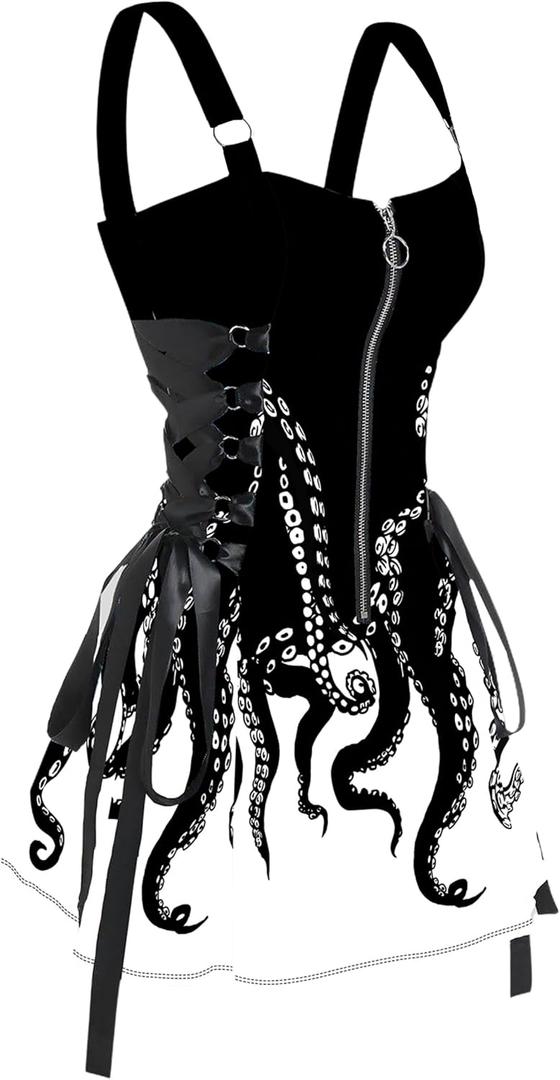 FEAPHY Women's Gothic Dress Galaxy Sun Star Sleeveless Zip Front Lace Up A-Line Mini Dress