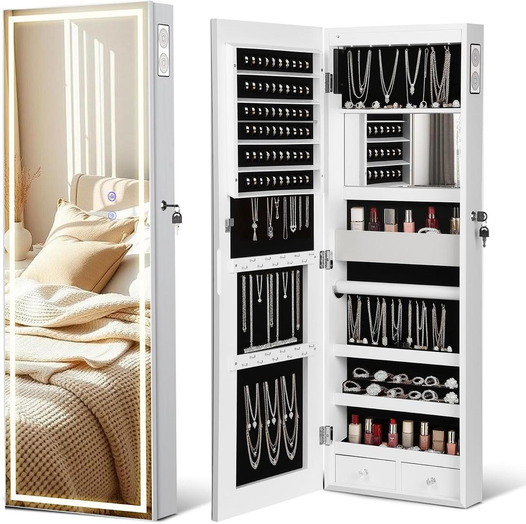 LED Mirror Jewelry Cabinet with Bluetooth Speaker ，Door/Wall Mounted,Equipped with Three Color Light Strips,Full-Length Illuminated Mirror,Jewelry Storage Function