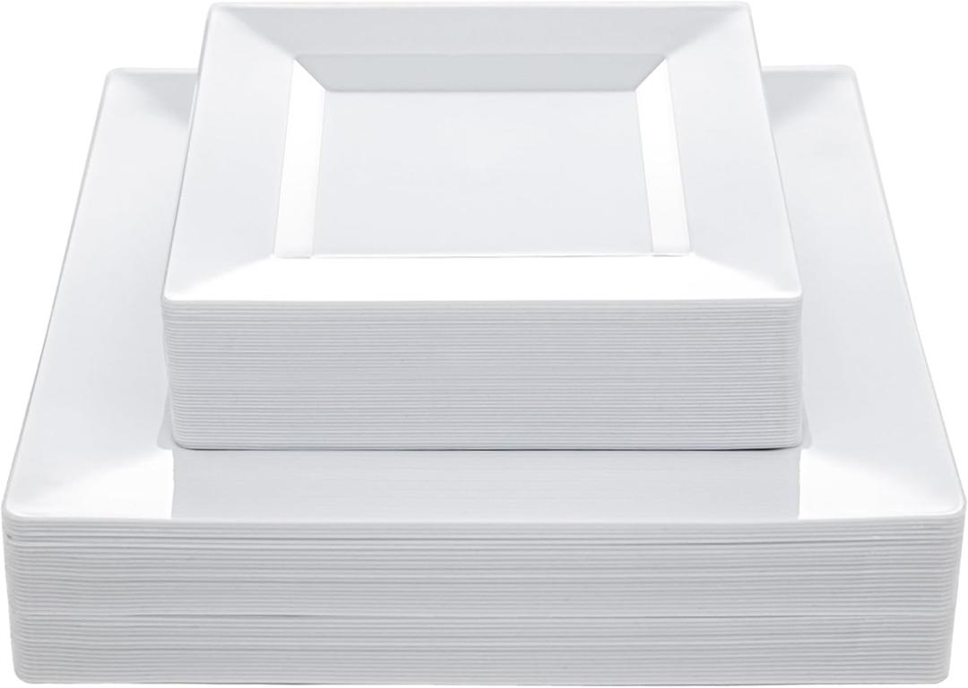 N9R 60PCS White Square Plastic Plates, 30 Dinner & 30 Dessert Plates Heavy Duty, Fancy Disposable Plates for Party, Wedding and other Events, 9.5