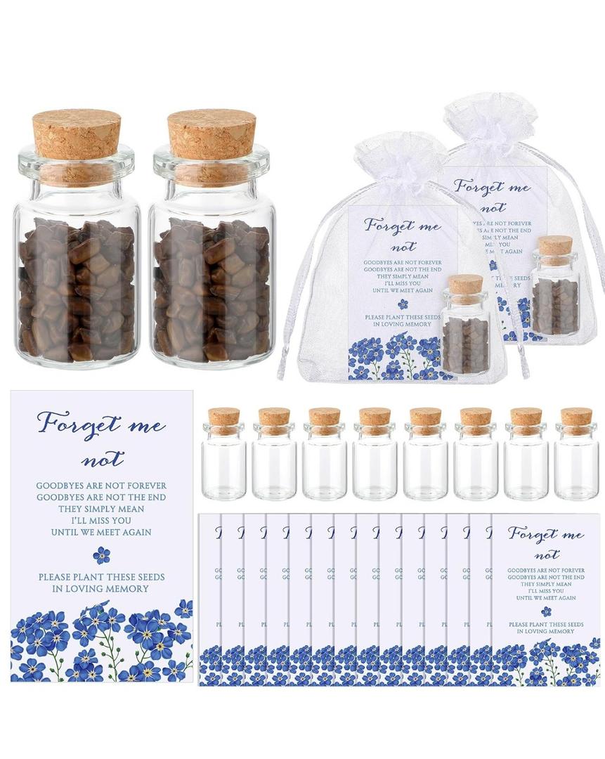 Tanlade 100 Set Funeral Favors Include Funeral Prayer Cards Celebration of Life Memorial Card Memorial Seeds Glass Bottles with Cork Stopper Organza Bags for Loss of Loved One, No Seed (Forget Me Not)