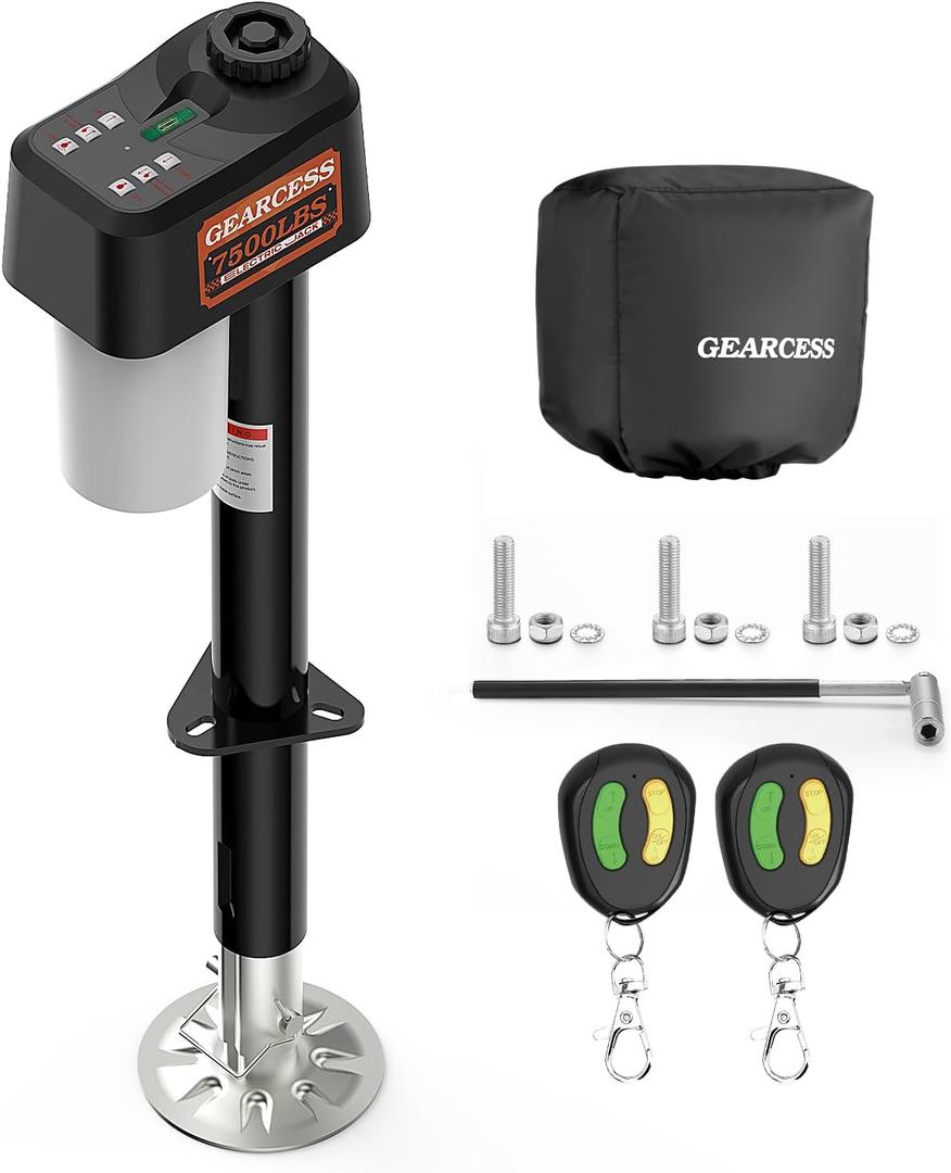 7500LBS Electric Trailer Jack with Remote Control, RV Electric Tongue Jack with Built-in Spirit Level for Travel Trailer, 10.24-33.46 Inch Extended,IP65 Waterproof Buttons,5.9 Inch Foot Pad