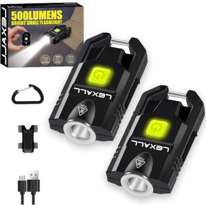 LED Small Flashlight, 500Lumens Bright Mini Keychain Light, Portable USB Rechargeable Pocket Lights with 3 Modes Compact Baseball Cap Lights Indoor and Outdoor for Walking,Searching and Hiking（2 Pack）